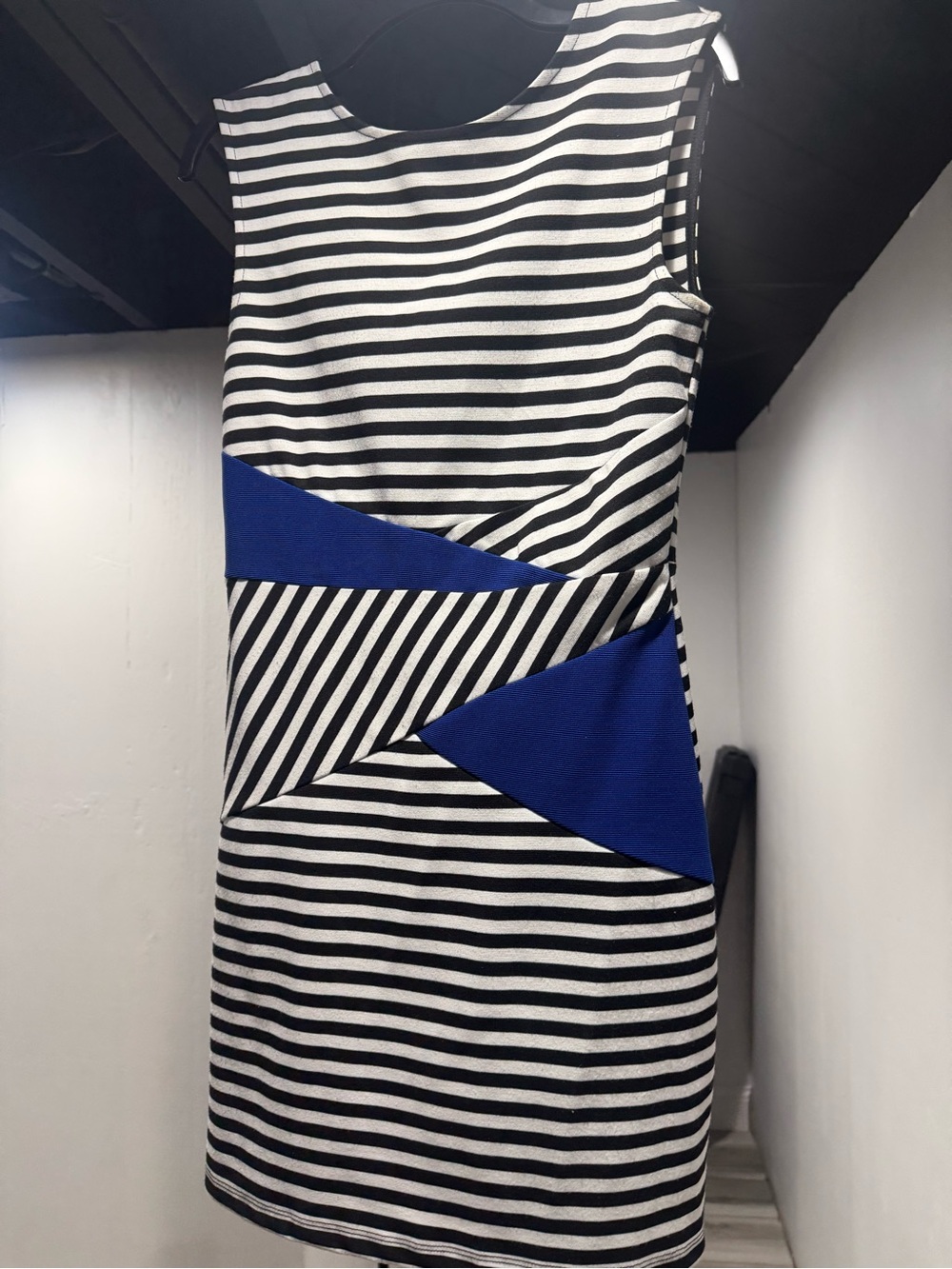 Black & White Striped Sheath Dress with Blue Accent